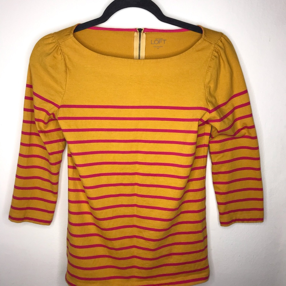 Ann Taylor LOFT Mustard Striped 3/4 Sleeve Top